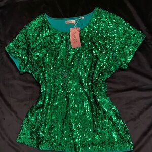 MANER Green Sequin Short Sleeve Top
